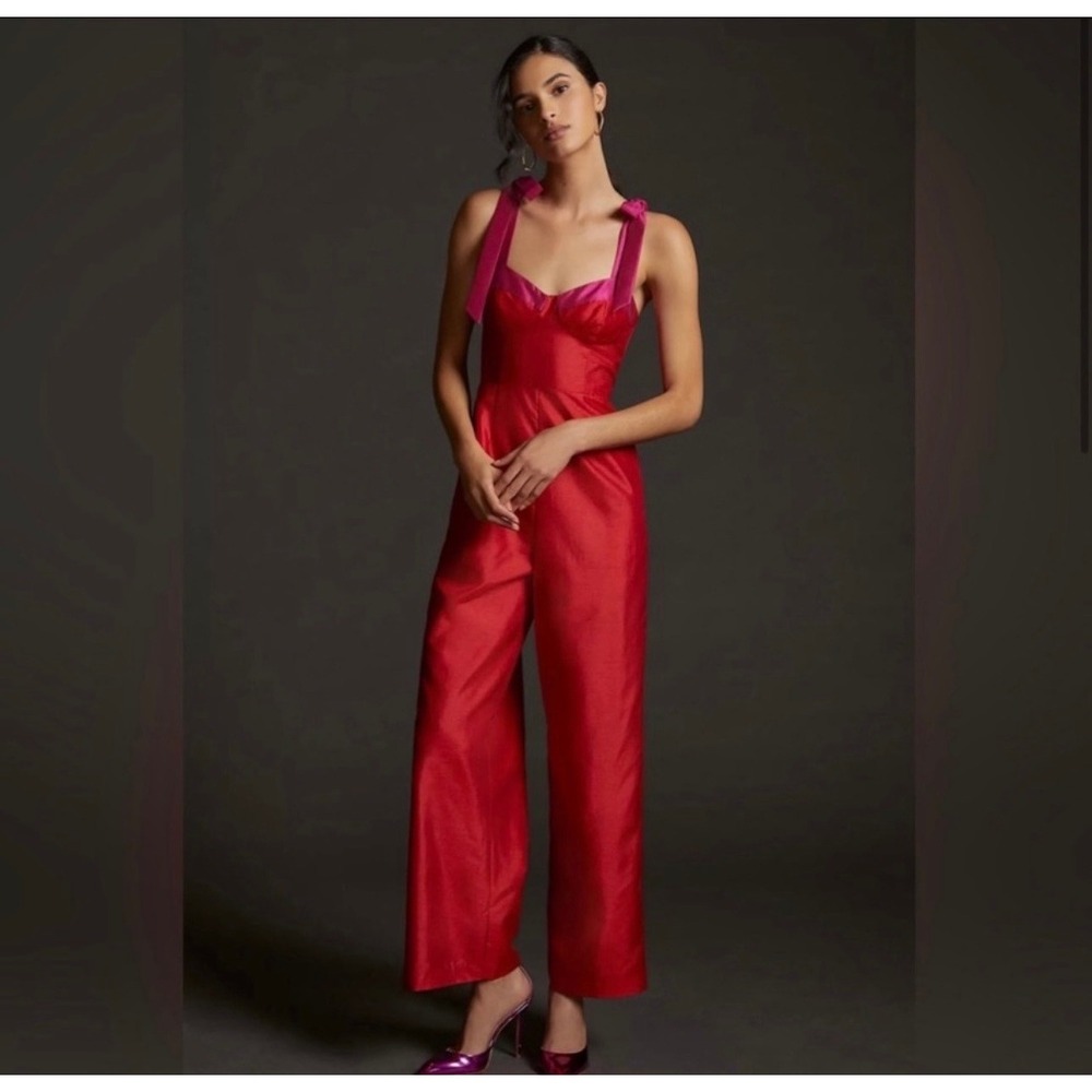 Hutch Anthrpologie Jumpsuit Womens 6 Red Pink Tie Shoulder Wide Leg Taffeta NEW